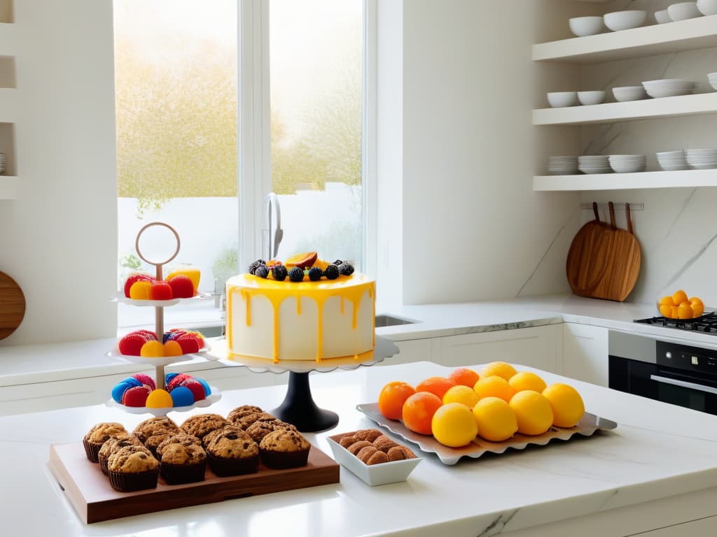  A sleek, minimalist kitchen with marble countertops, stainless steel appliances, and an array of colorful baking tools neatly organized on the shelves. The soft natural light filtering through the large window illuminates a pristine white kitchen island, showcasing a beautifully decorated cake as the centerpiece. The image exudes a sense of elegance and creativity, making it a perfect fit for the article on maximizing creativity in baking through interior design apps. hyperrealistic, full body, detailed clothing, highly detailed, cinematic lighting, stunningly beautiful, intricate, sharp focus, f/1. 8, 85mm, (centered image composition), (professionally color graded), ((bright soft diffused light)), volumetric fog, trending on instagram, trending on tumblr, HDR 4K, 8K