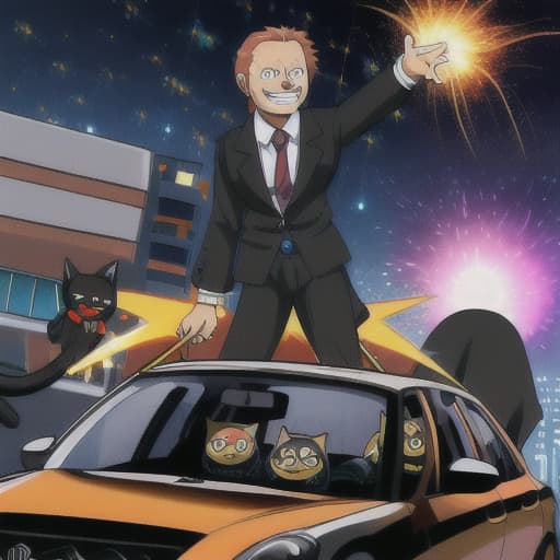  car crash, explosion, Evel grin in the sky, business suit, black cat, Lazers