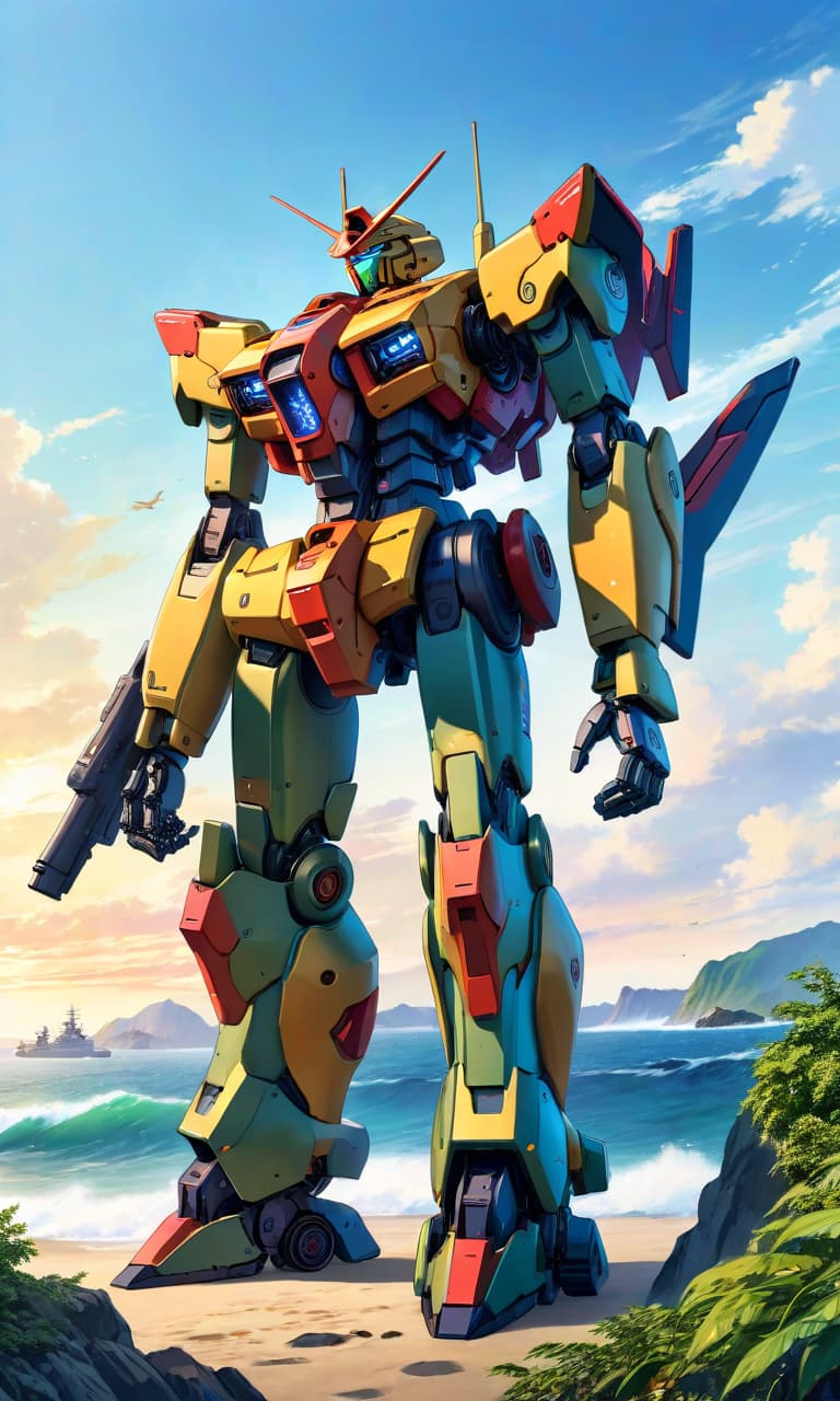  anime artwork A giant mecha combat robot from the edge of the Pacific Ocean keeps watch over its country. . anime style, key visual, vibrant, studio anime, highly detailed hyperrealistic, full body, detailed clothing, highly detailed, cinematic lighting, stunningly beautiful, intricate, sharp focus, f/1. 8, 85mm, (centered image composition), (professionally color graded), ((bright soft diffused light)), volumetric fog, trending on instagram, trending on tumblr, HDR 4K, 8K