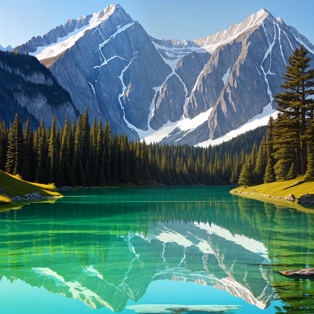  as a painting, Convey the serene majesty of towering mountains reflected in the crystal-clear waters of a tranquil alpine lake, using your unique artistic vision to evoke a sense of awe and tranquility.