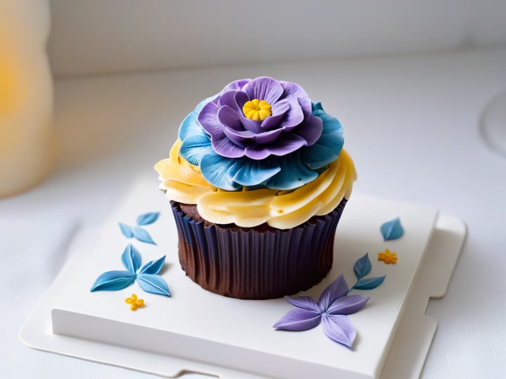  A closeup, ultradetailed image of a beautifully decorated allergyfriendly cupcake, intricately adorned with vibrant edible flowers and delicate frosting swirls. The cupcake sits on a sleek, modern white plate, against a soft, blurred background that highlights its exquisite details and elegant presentation. hyperrealistic, full body, detailed clothing, highly detailed, cinematic lighting, stunningly beautiful, intricate, sharp focus, f/1. 8, 85mm, (centered image composition), (professionally color graded), ((bright soft diffused light)), volumetric fog, trending on instagram, trending on tumblr, HDR 4K, 8K