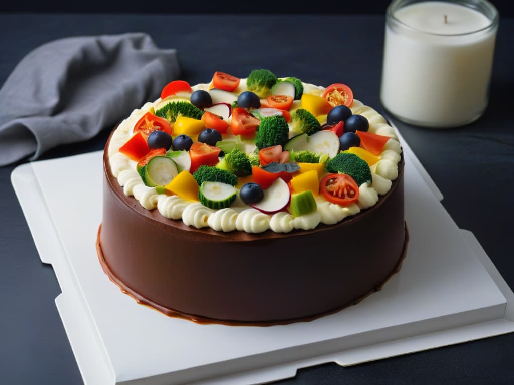  A highresolution image of a beautifully crafted dessert that resembles a classic savory dish, such as a cake decorated to look like a pizza with colorful fondant toppings that mimic vegetables and cheese, placed on a sleek white plate against a simple, elegant dark background. hyperrealistic, full body, detailed clothing, highly detailed, cinematic lighting, stunningly beautiful, intricate, sharp focus, f/1. 8, 85mm, (centered image composition), (professionally color graded), ((bright soft diffused light)), volumetric fog, trending on instagram, trending on tumblr, HDR 4K, 8K