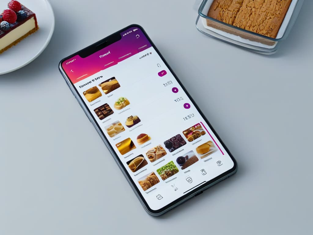  An 8k ultradetailed image of a sleek and modern mobile phone displaying a beautifully designed dessert recipe app interface. The screen shows vibrant and enticing dessert images, intuitive userfriendly navigation, and sophisticated design elements that cater to professional pastry chefs. The background is a soft, elegant gradient that enhances the minimalistic and polished look of the app. hyperrealistic, full body, detailed clothing, highly detailed, cinematic lighting, stunningly beautiful, intricate, sharp focus, f/1. 8, 85mm, (centered image composition), (professionally color graded), ((bright soft diffused light)), volumetric fog, trending on instagram, trending on tumblr, HDR 4K, 8K