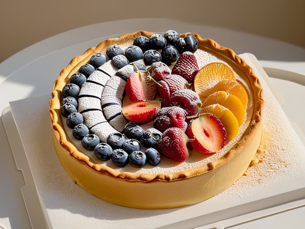  A closeup, ultradetailed shot of a single tartaleta minimalista, showcasing its delicate, perfectly piped design with a symmetrical arrangement of vibrant fruit slices on top. The crust is golden and flaky, with a light dusting of powdered sugar adding a touch of elegance. The background is softly blurred to keep the focus entirely on the intricate details of the dessert, highlighting the fusion of flavors and modern design elements. hyperrealistic, full body, detailed clothing, highly detailed, cinematic lighting, stunningly beautiful, intricate, sharp focus, f/1. 8, 85mm, (centered image composition), (professionally color graded), ((bright soft diffused light)), volumetric fog, trending on instagram, trending on tumblr, HDR 4K, 8K