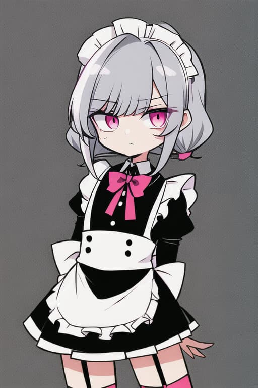  The face is cool, boyish, the gender is a woman, the clothes are in a maid clothes, the more mini skirts, the soybean, the hairstyle, the hairstyle, the hair color is silver hair, and the are one. Only books, wear garter belts, hair quality are natural perm, hair tips are crumbled, skirts are too short, pink are visible, clothes are maid clothes, eyes are red. , Panchira