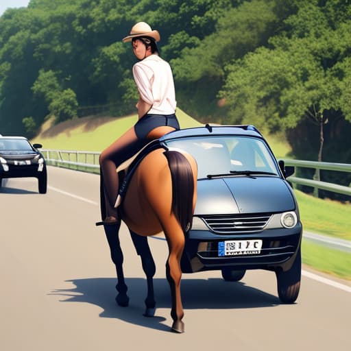  Horse riding a car