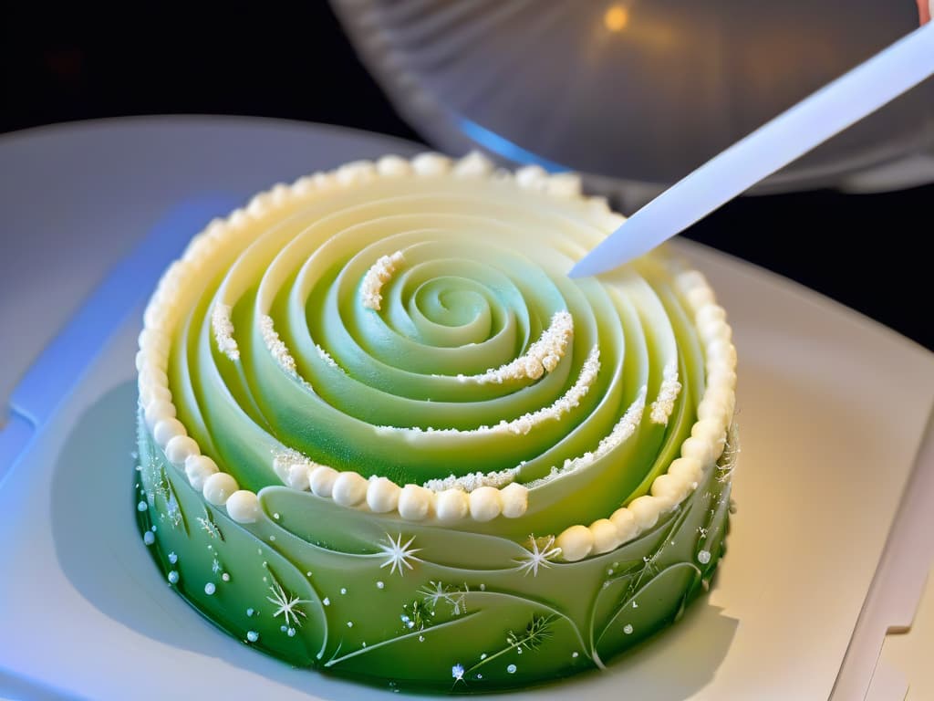  A closeup, ultradetailed image of a delicate sugar sculpture being meticulously crafted by a chef's hands using molecular gastronomy techniques. The intricate design features intricate swirls and delicate patterns, with fine sugar crystals glistening under soft, focused lighting to highlight the precision and artistry of molecular pastry making. hyperrealistic, full body, detailed clothing, highly detailed, cinematic lighting, stunningly beautiful, intricate, sharp focus, f/1. 8, 85mm, (centered image composition), (professionally color graded), ((bright soft diffused light)), volumetric fog, trending on instagram, trending on tumblr, HDR 4K, 8K