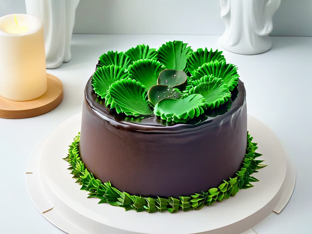  A highresolution, minimalist image of a decadent chocolate cake topped with delicate strands of vibrant green seaweed, set against a clean, white backdrop. The glossy chocolate glaze glistens under soft lighting, while the seaweed adds a pop of color and texture, creating a visually striking contrast that embodies the fusion of savory and sweet flavors in innovative dessert recipes. hyperrealistic, full body, detailed clothing, highly detailed, cinematic lighting, stunningly beautiful, intricate, sharp focus, f/1. 8, 85mm, (centered image composition), (professionally color graded), ((bright soft diffused light)), volumetric fog, trending on instagram, trending on tumblr, HDR 4K, 8K