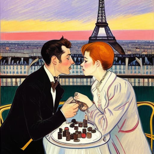  attractive young Parisian couple dressed in modern designer outfits who are romantically together in Paris. Foreground a small plate of fine dark chocolates on a bedside table. Background dusk with a lite Eiffel Tour Monument. Painting style of Henri de Toulouse-Lautrec