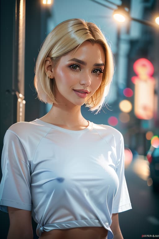  1girl,1girl,blonde short hair,straight hair,upper body shot,shirt,smile hyperrealistic, full body, detailed clothing, highly detailed, cinematic lighting, stunningly beautiful, intricate, sharp focus, f/1. 8, 85mm, (centered image composition), (professionally color graded), ((bright soft diffused light)), volumetric fog, trending on instagram, trending on tumblr, HDR 4K, 8K