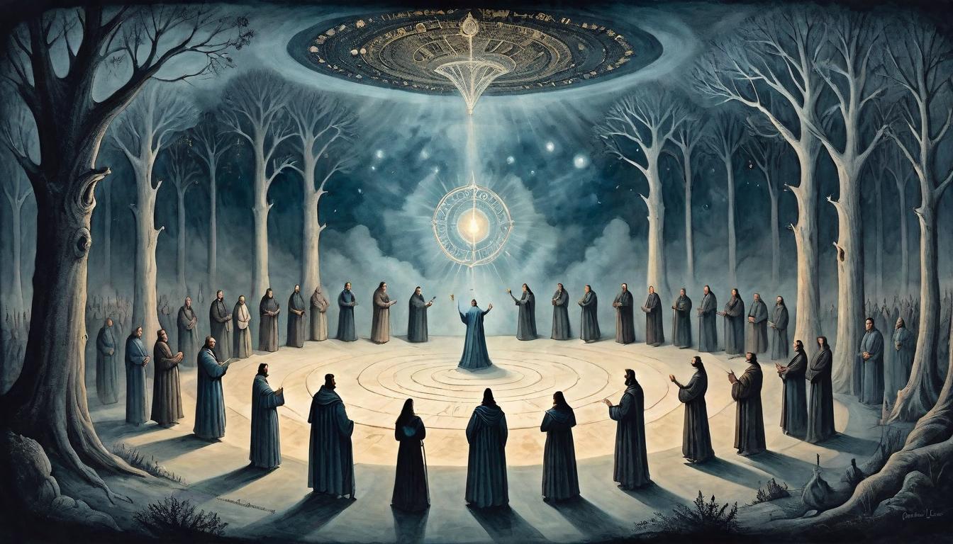  on parchment, surrealism+++, A gathering of diverse figures, each bearing a unique light, standing in a circle in the darkness, united in purpose, lights merge to form a brilliant canopy, symbol of empowerment and shared destiny, collective strength against the night, affirmation of chosen path, visually impactful(mysterious, provocative, symbolic,muted color)+++