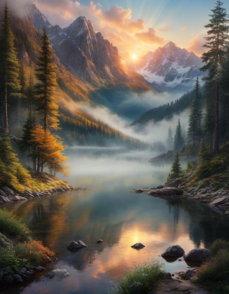  watercolor painting digital painting of a beautiful mountain landscape, lake, forest, sunset, cloudy . vibrant, beautiful, painterly, detailed, textural, artistic hyperrealistic, full body, detailed clothing, highly detailed, cinematic lighting, stunningly beautiful, intricate, sharp focus, f/1. 8, 85mm, (centered image composition), (professionally color graded), ((bright soft diffused light)), volumetric fog, trending on instagram, trending on tumblr, HDR 4K, 8K