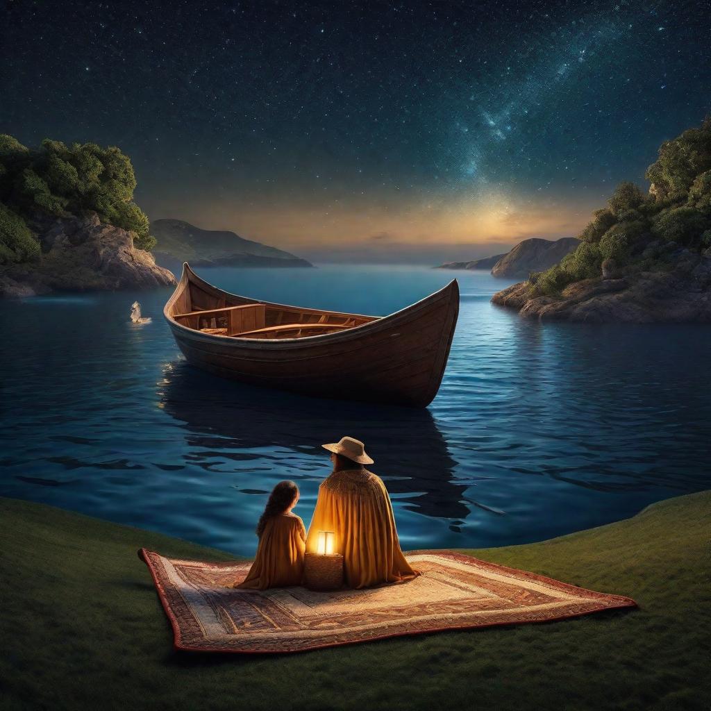  "A fantastical image portraying a storybook page coming to life, in which a blanket transforms into a boat, leading a mother and child towards a mysterious island under the starry night sky."((masterpiece)), best quality, very detailed, high resolution, sharp, sharp image, extremely detailed, 4k, 8k, fairytale hyperrealistic, full body, detailed clothing, highly detailed, cinematic lighting, stunningly beautiful, intricate, sharp focus, f/1. 8, 85mm, (centered image composition), (professionally color graded), ((bright soft diffused light)), volumetric fog, trending on instagram, trending on tumblr, HDR 4K, 8K