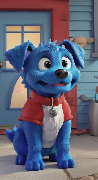  {Max the big blue dog standing in front of a cozy little house with a red door, The big blue dog is large with sky blue fur, big round eyes, a black nose, and floppy ears.