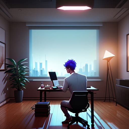  a bright guy sits late and writes a song at home, in a room, there is a microphone on the table, view from the back, a neon lamp on the right on the table hyperrealistic, full body, detailed clothing, highly detailed, cinematic lighting, stunningly beautiful, intricate, sharp focus, f/1. 8, 85mm, (centered image composition), (professionally color graded), ((bright soft diffused light)), volumetric fog, trending on instagram, trending on tumblr, HDR 4K, 8K