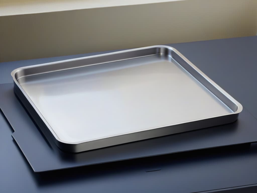  A sleek, minimalistic image of a shiny, highquality stainless steel baking tray, perfectly clean and reflecting the soft light in a professional kitchen setting. The tray is placed on a pristine marble countertop, showcasing its durability and elegance, with a subtle emphasis on its smooth edges and flawless surface. The overall aesthetic exudes sophistication and reliability, appealing to the discerning audience seeking the best baking trays for their culinary creations. hyperrealistic, full body, detailed clothing, highly detailed, cinematic lighting, stunningly beautiful, intricate, sharp focus, f/1. 8, 85mm, (centered image composition), (professionally color graded), ((bright soft diffused light)), volumetric fog, trending on instagram, trending on tumblr, HDR 4K, 8K