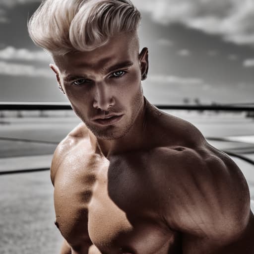 portrait+ style Russian queer fitness model blonde hunk dude face