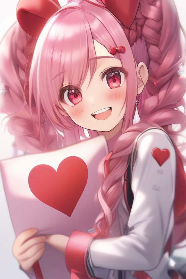  Pink hair,red ribbon,braids,loose braids,cute,beautiful girl,young lady,smile,red eyes,heart,thankyou letters,heart eyes,heart shaped highlights,high image quality,love,(absurd detailed:1.4、best quality:1.4、masterpiece:1.4)、