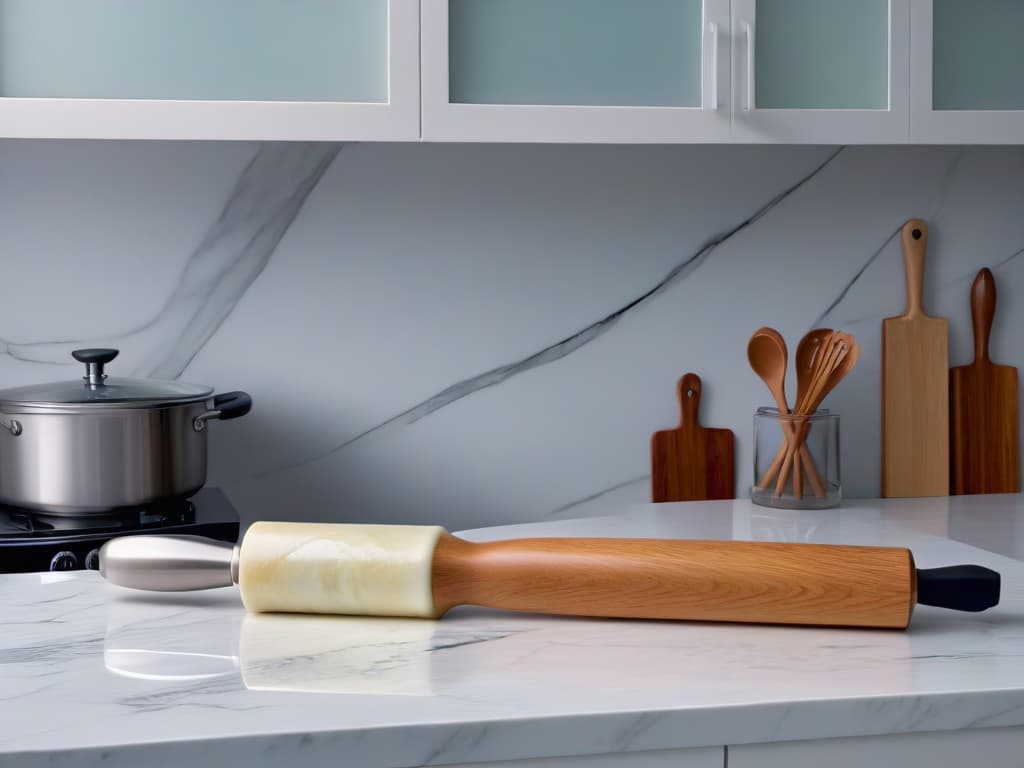  An ultradetailed 8k image of a sleek, minimalist kitchen countertop featuring a pristine white marble rolling pin and a polished stainless steel rolling pin side by side. The marble is veined elegantly, and the steel reflects a soft glow of light, showcasing the beauty and functionality of both materials. The background is a muted, neutral tone, emphasizing the simplicity and sophistication of the kitchen tools. hyperrealistic, full body, detailed clothing, highly detailed, cinematic lighting, stunningly beautiful, intricate, sharp focus, f/1. 8, 85mm, (centered image composition), (professionally color graded), ((bright soft diffused light)), volumetric fog, trending on instagram, trending on tumblr, HDR 4K, 8K