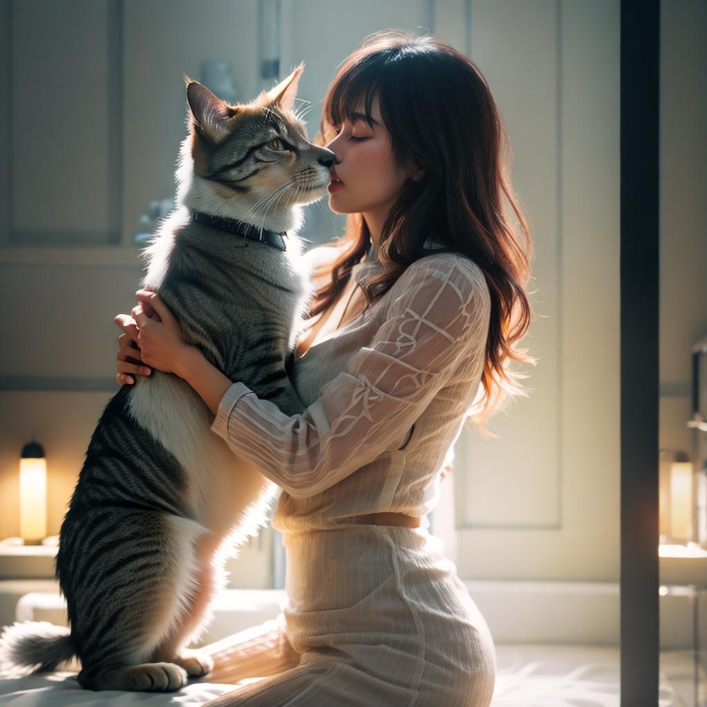  Dog kiss cat hyperrealistic, full body, detailed clothing, highly detailed, cinematic lighting, stunningly beautiful, intricate, sharp focus, f/1. 8, 85mm, (centered image composition), (professionally color graded), ((bright soft diffused light)), volumetric fog, trending on instagram, trending on tumblr, HDR 4K, 8K