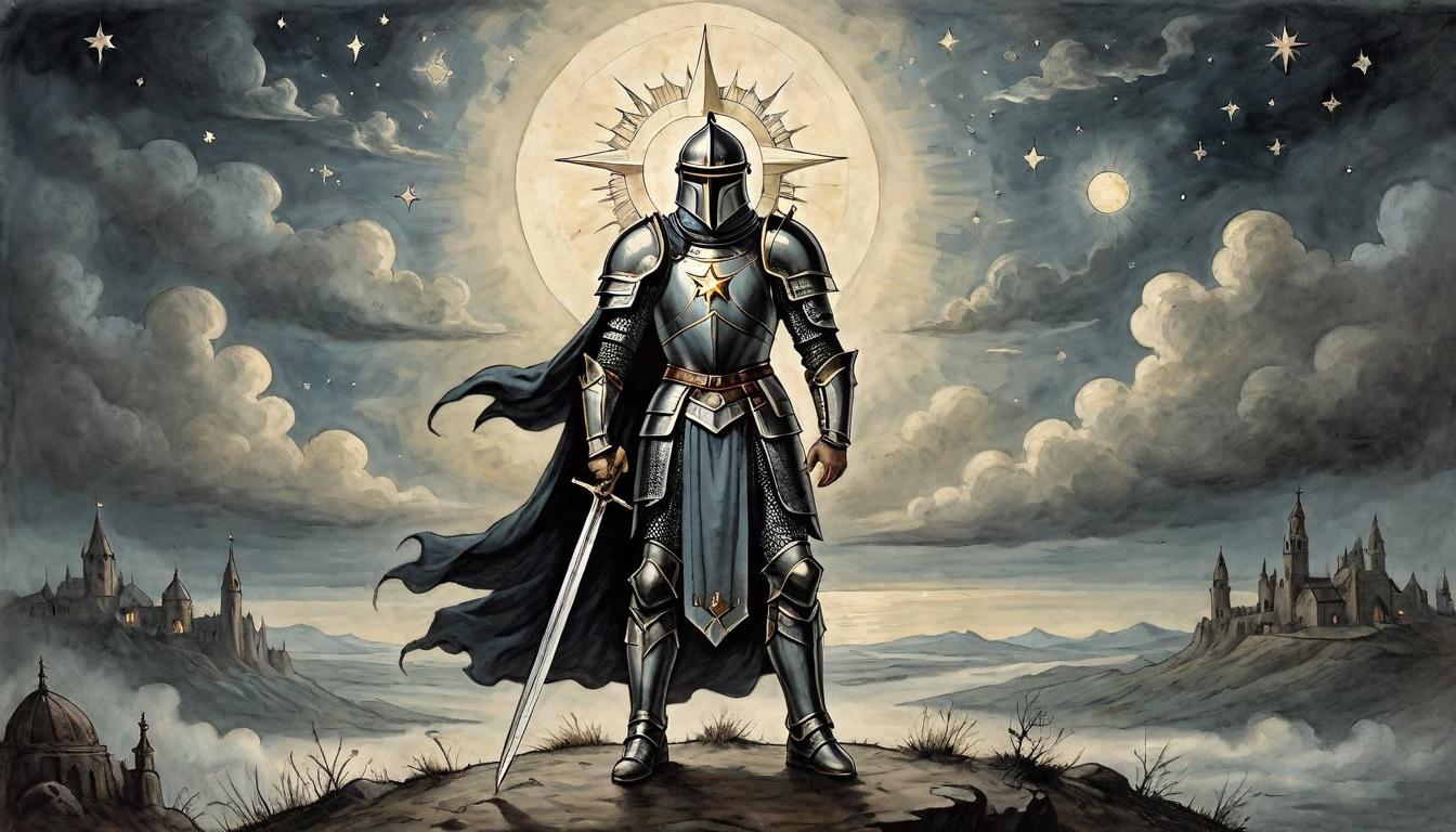  on parchment, surrealism+++, A determined figure, clad in armor reflective of her resolve, stands against a darkened sky pierced by a single, bright star, symbolizing firmness of faith and purpose amidst skepticism, guardian of conviction, beacon of faith(mysterious, provocative, symbolic,muted color)+++