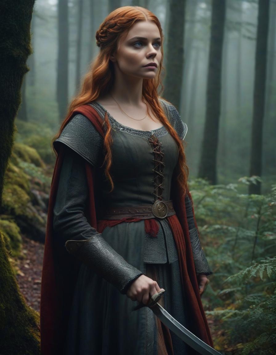  cinematic film still The era of medieval wars, a frame from a film, the most detailed image, cloudy and foggy autumn morning, rain, Chloe Grace Moretz with long light red hair, in a dark forest robber costume, holding a hunting knife in her right hand, with a combat dynamic expressive pose, prepared for battle, forest, maximum detail, especially carefully drawn faces, the maximum correspondence of historical medieval clothes, small details, the most correct anatomy, . shallow depth of field, vignette, highly detailed, high budget, bokeh, cinemascope, moody, epic, gorgeous, film grain, grainy hyperrealistic, full body, detailed clothing, highly detailed, cinematic lighting, stunningly beautiful, intricate, sharp focus, f/1. 8, 85mm, (centered image composition), (professionally color graded), ((bright soft diffused light)), volumetric fog, trending on instagram, trending on tumblr, HDR 4K, 8K