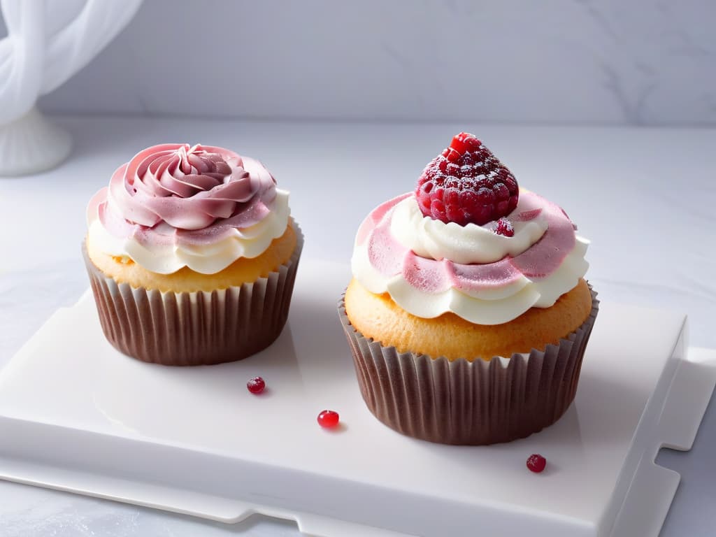  A highresolution, ultradetailed image of a single, perfectly frosted cupcake sitting on a sleek, white marble countertop. The cupcake is delicately adorned with a single raspberry on top, and the frosting is expertly swirled with a glossy finish that reflects the soft, natural light coming in from a nearby window. The simplicity of the composition highlights the intricate details of the cupcake, showcasing the artistry of dessert making. hyperrealistic, full body, detailed clothing, highly detailed, cinematic lighting, stunningly beautiful, intricate, sharp focus, f/1. 8, 85mm, (centered image composition), (professionally color graded), ((bright soft diffused light)), volumetric fog, trending on instagram, trending on tumblr, HDR 4K, 8K