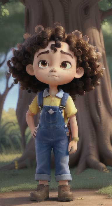  {Riley standing under the tree with eyes closed, making the wish., Riley, a curious with big brown eyes and curly hair, wearing overalls and carrying a small backpack. Their friend, Skye, a bluebird with shiny feathers.