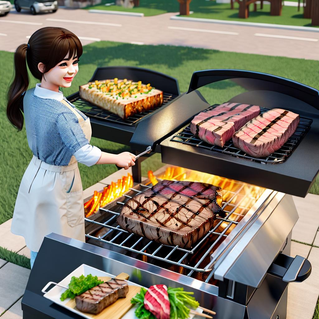  Masterpiece, best quality, cute cartoon 3D cow grilling steak outdoors