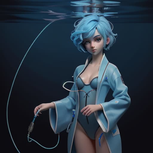  A girl under water with short blue hair no reaciton wiring a robe without anything else