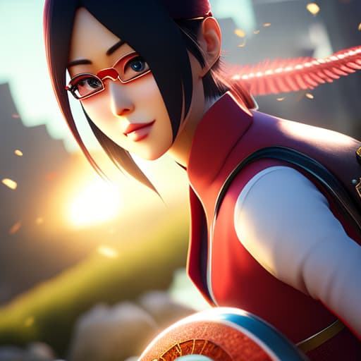  Sarada Uchiwa hyperrealistic, full body, detailed clothing, highly detailed, cinematic lighting, stunningly beautiful, intricate, sharp focus, f/1. 8, 85mm, (centered image composition), (professionally color graded), ((bright soft diffused light)), volumetric fog, trending on instagram, trending on tumblr, HDR 4K, 8K