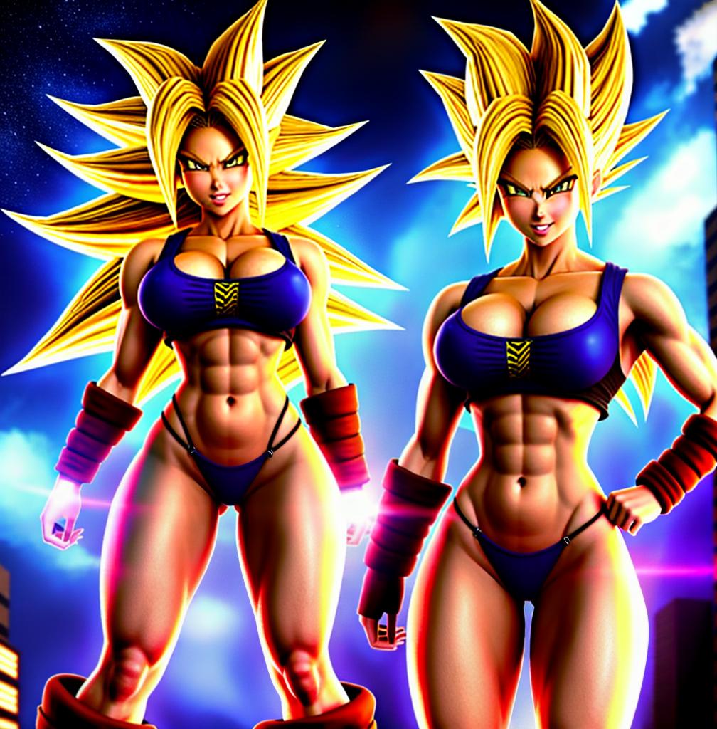  ((foto de cuerpo completo, pie plano, cuerpo recto)), ((laura {Super Super Saiyan mujer con grandes pechos})), ((lleva puesto son goku+Los disfraces de ella son extremadamente ajustados a su cuerpo.))