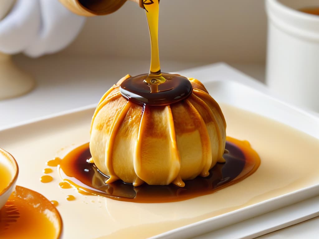  A closeup, highresolution image of a golden syrup dumpling being drizzled with rich, warm golden syrup, creating a glossy cascade of sweetness over the perfectly textured dumpling. The focus is on the intricate details of the syrup as it elegantly coats the dessert, showcasing the indulgent and comforting nature of this classic dish. hyperrealistic, full body, detailed clothing, highly detailed, cinematic lighting, stunningly beautiful, intricate, sharp focus, f/1. 8, 85mm, (centered image composition), (professionally color graded), ((bright soft diffused light)), volumetric fog, trending on instagram, trending on tumblr, HDR 4K, 8K