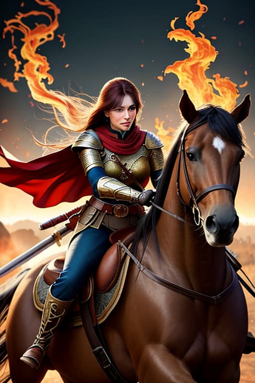  A mighty hero on a horse of fire holding a flaming sword. hyperrealistic, full body, detailed clothing, highly detailed, cinematic lighting, stunningly beautiful, intricate, sharp focus, f/1. 8, 85mm, (centered image composition), (professionally color graded), ((bright soft diffused light)), volumetric fog, trending on instagram, trending on tumblr, HDR 4K, 8K