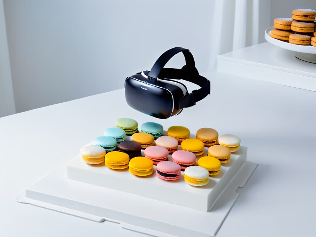  A minimalist and sleek virtual reality headset resting on a pristine white marble countertop, surrounded by elegant pastelcolored macarons and delicate piping bags filled with vibrant frosting. The headset is subtly illuminated, casting a soft glow on the delectable treats, creating a striking contrast between the advanced technology and the traditional art of pastry making. The scene exudes a sense of modernity and sophistication, enticing readers to explore the fusion of virtual reality technology with the timeless craft of baking. hyperrealistic, full body, detailed clothing, highly detailed, cinematic lighting, stunningly beautiful, intricate, sharp focus, f/1. 8, 85mm, (centered image composition), (professionally color graded), ((bright soft diffused light)), volumetric fog, trending on instagram, trending on tumblr, HDR 4K, 8K