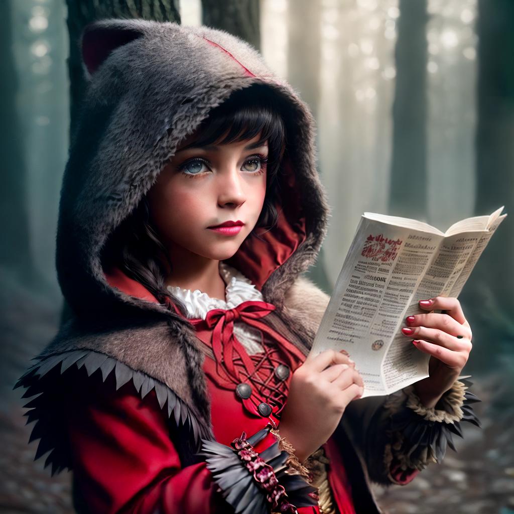  Playbill for Little Red Riding Hood. ,highly detailed, cinematic lighting, stunningly beautiful, intricate, sharp focus, f1. 8, 85mm, (centered image composition), (professionally color graded), ((bright soft diffused light)), volumetric fog, trending on instagram, trending on tumblr, HDR 4K, 8K