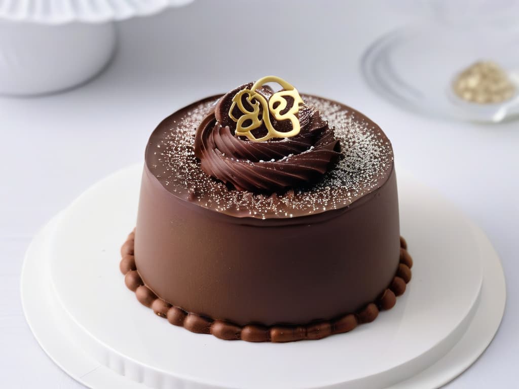  A closeup, highresolution image of a decadent, glossy chocolate truffle sprinkled with fine cocoa powder, set against a plain, elegant white background. The truffle is perfectly round, showcasing intricate swirls and patterns, with tiny, delicate flakes of gold leaf delicately placed on top, adding a touch of luxury and sophistication to the dessert. The rich, dark chocolate contrasts beautifully with the white backdrop, creating a visually striking and minimalist composition that conveys a sense of elegance and indulgence. hyperrealistic, full body, detailed clothing, highly detailed, cinematic lighting, stunningly beautiful, intricate, sharp focus, f/1. 8, 85mm, (centered image composition), (professionally color graded), ((bright soft diffused light)), volumetric fog, trending on instagram, trending on tumblr, HDR 4K, 8K