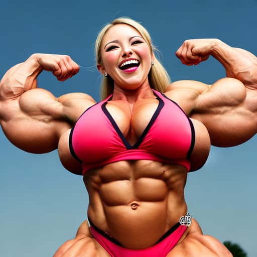   peach, female bodybuilder, enormous muscles, laughing, 