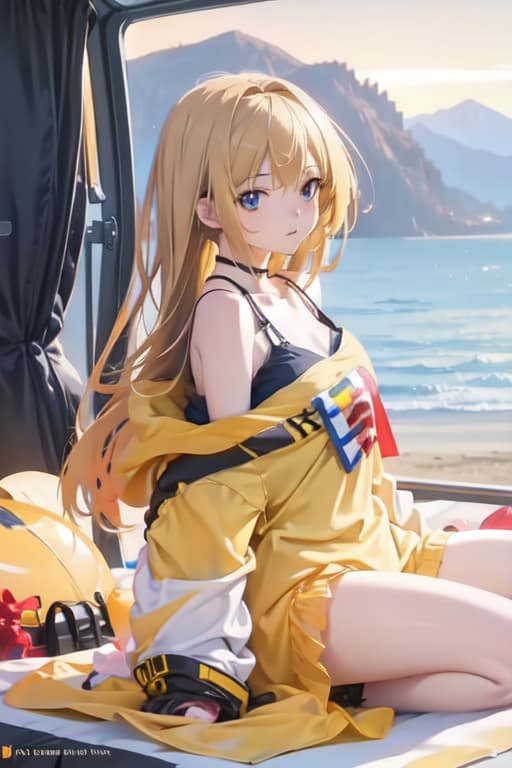  A on beach wearing yellow bilinki and yellow panty. She is the iest and hottest in the world. Her s has a size of mountains.4k post processing highly detailed, Octane render artstation trending, 8k Trending on artstation