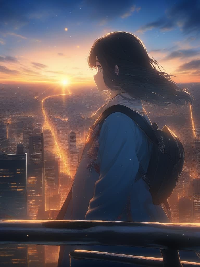  The background is in the city, the sky stars, the sunset, and the woman is visible, seeing the sunset, and the back., masterpiece, best quality,8k,ultra detailed,high resolution,an extremely delicate and beautiful,hyper detail