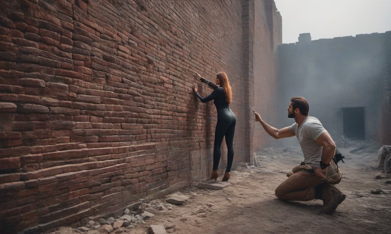  A man and a long haired woman are building a wall separately from brick. hyperrealistic, full body, detailed clothing, highly detailed, cinematic lighting, stunningly beautiful, intricate, sharp focus, f/1. 8, 85mm, (centered image composition), (professionally color graded), ((bright soft diffused light)), volumetric fog, trending on instagram, trending on tumblr, HDR 4K, 8K