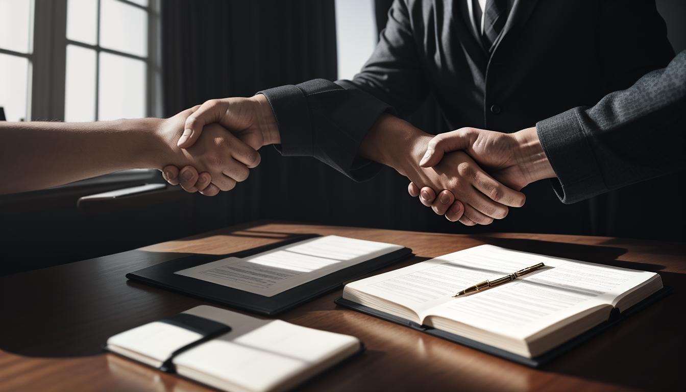  cinematic, aesthetic, Handshake over a completed project, papers and pens on the table, light shining on the hands, indicates promises and mutual benefits, 4k, HDR, lens flare