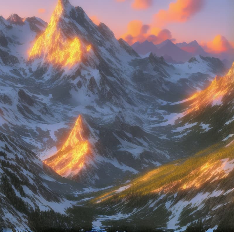  a serene mountain landscape at sunset. 8k digital render.