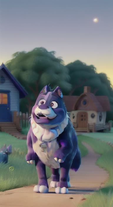  {Max walking back towards the cozy little house with droopy eyes, as twilight falls, The big blue dog is large with sky blue fur, big round eyes, a black nose, and floppy ears.