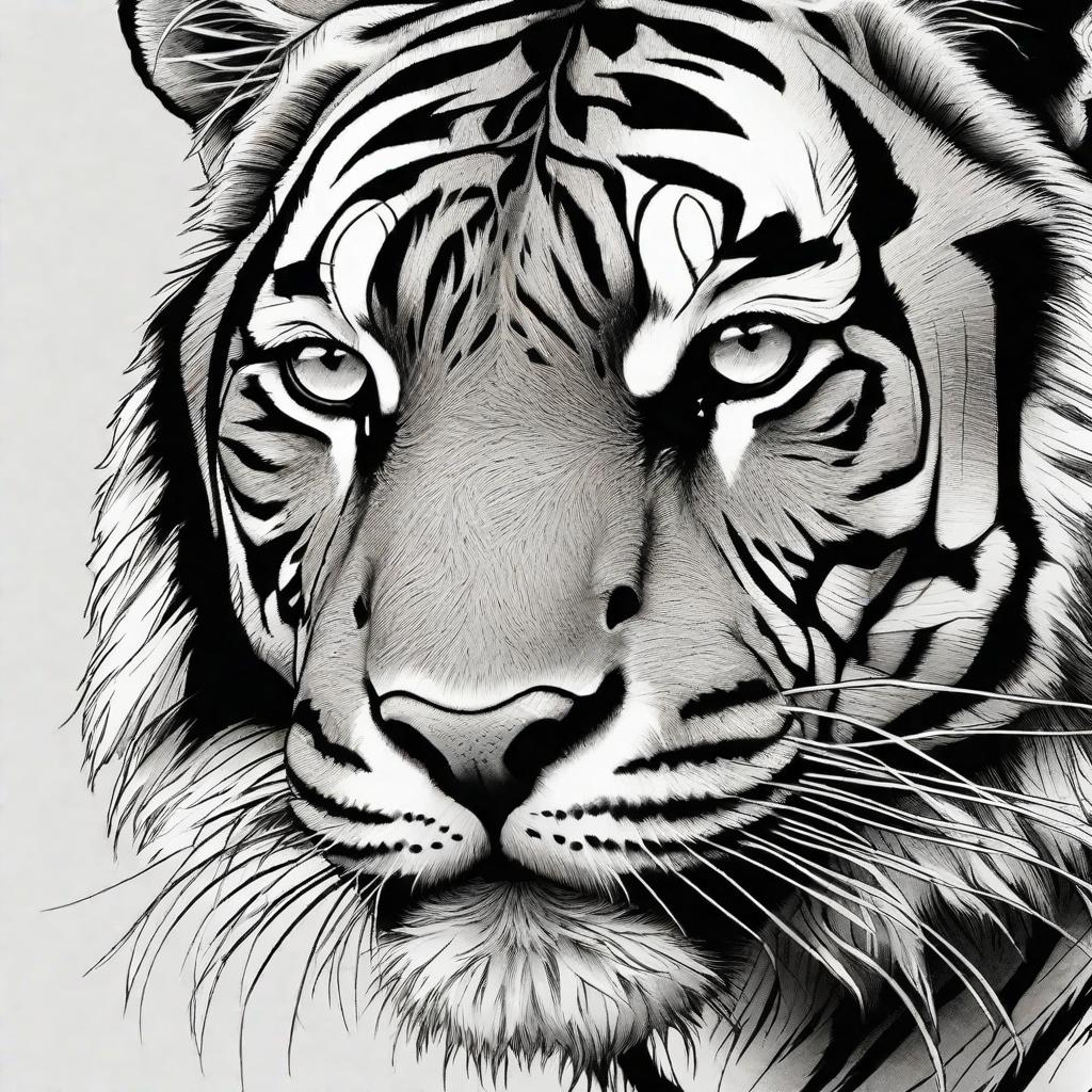  masterpiece, best quality,A bold tattoo featuring a black and white tiger, its intense gaze piercing through with lifelike intricacies in the stripes.,