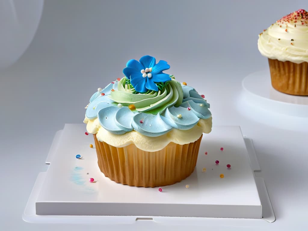  An ultradetailed image of a virtual reality headset projecting a lifelike 3D cupcake design floating in the air. The cupcake is intricately decorated with colorful frosting swirls, sprinkles, and edible flowers, showcasing the fusion of technology with creative baking concepts. The headset is sleek and modern, with a soft glow emanating from its display, highlighting the innovative use of augmented reality in the world of pastry design. hyperrealistic, full body, detailed clothing, highly detailed, cinematic lighting, stunningly beautiful, intricate, sharp focus, f/1. 8, 85mm, (centered image composition), (professionally color graded), ((bright soft diffused light)), volumetric fog, trending on instagram, trending on tumblr, HDR 4K, 8K