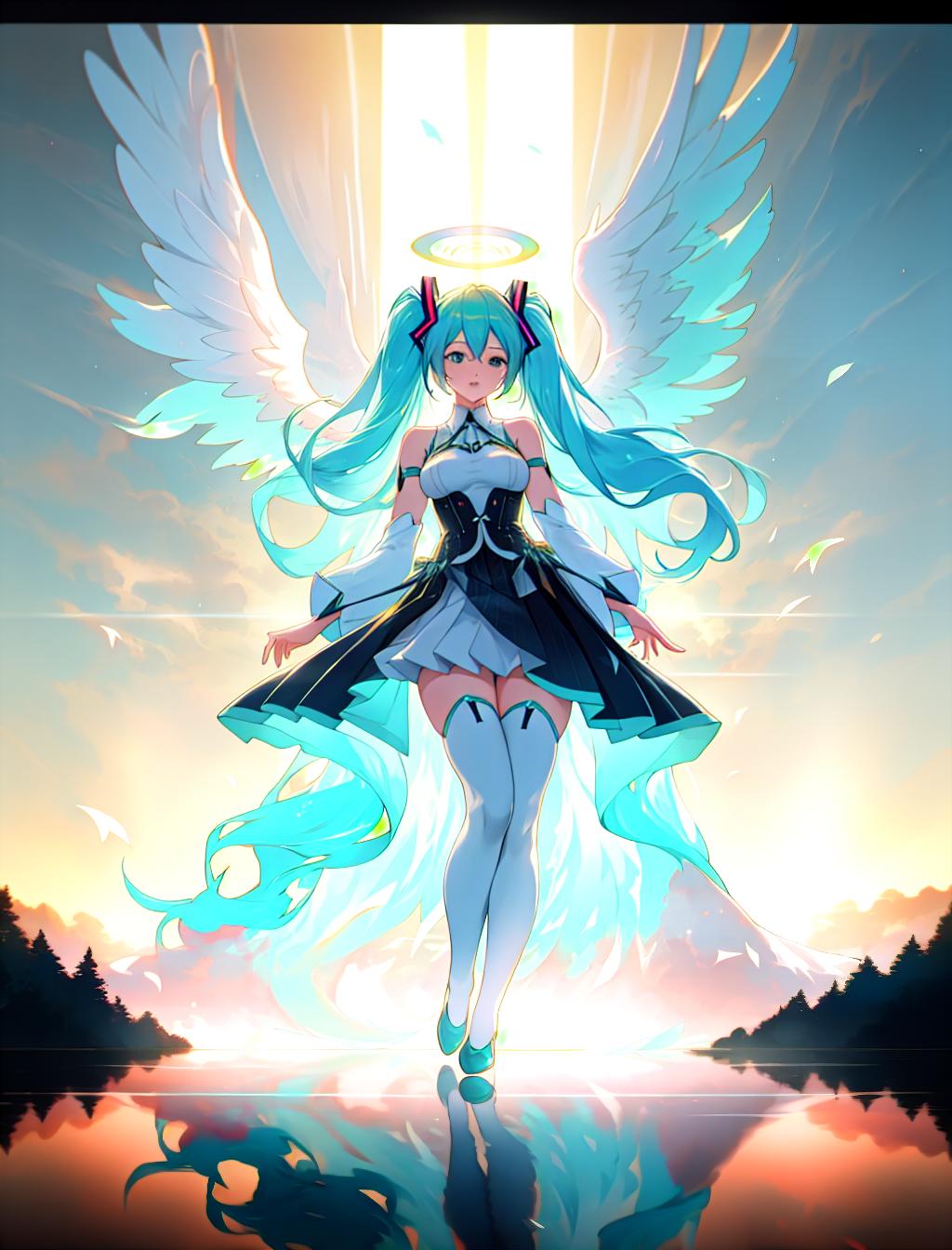  Rainbow Hatsune Miku. Angel vibes. Lots of colors , hyperrealistic, full body, detailed clothing, highly detailed, cinematic lighting, stunningly beautiful, intricate, sharp focus, f/1. 8, 85mm, (centered image composition), (professionally color graded), ((bright soft diffused light)), volumetric fog, trending on instagram, trending on tumblr, HDR 4K, 8K hyperrealistic, full body, detailed clothing, highly detailed, cinematic lighting, stunningly beautiful, intricate, sharp focus, f/1. 8, 85mm, (centered image composition), (professionally color graded), ((bright soft diffused light)), volumetric fog, trending on instagram, trending on tumblr, HDR 4K, 8K