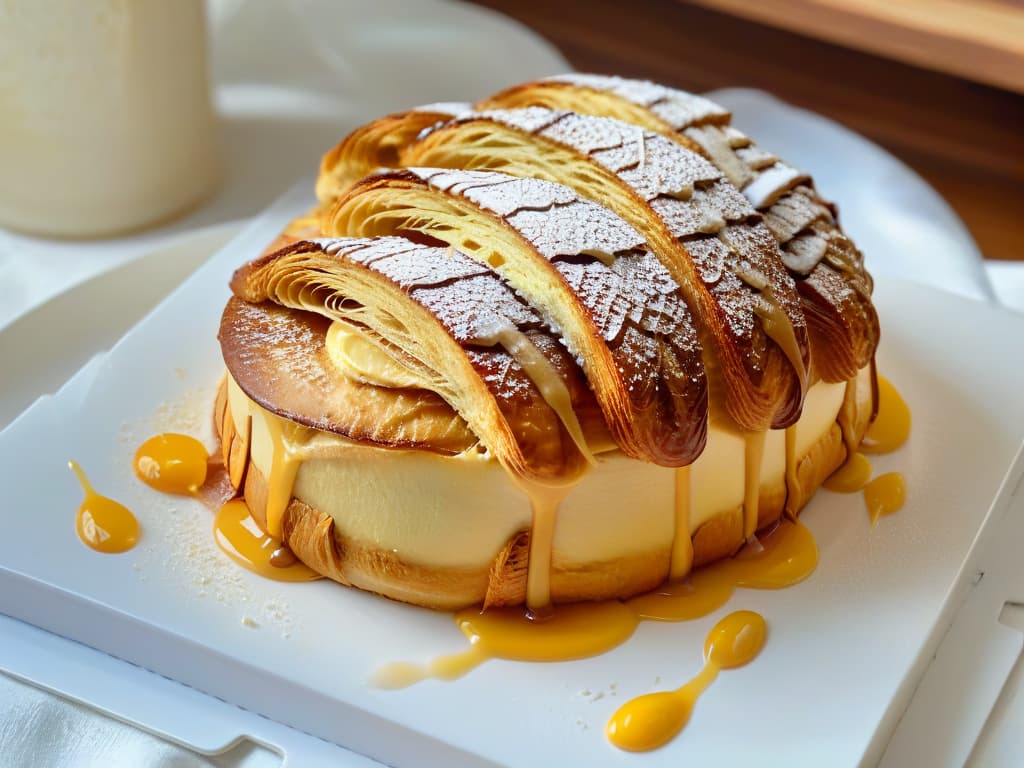  A closeup, ultradetailed image of a freshly baked almond croissant being drizzled with a luxurious stream of golden almond oil, capturing the glossy texture and rich aroma permeating the soft, flaky layers. The golden hue of the oil glimmers under a soft, natural light, highlighting the delicate, nutty nuances of the almond essence as it enhances the pastry's allure, inviting the viewer to savor the intricate layers of flavor and texture in this decadent treat. hyperrealistic, full body, detailed clothing, highly detailed, cinematic lighting, stunningly beautiful, intricate, sharp focus, f/1. 8, 85mm, (centered image composition), (professionally color graded), ((bright soft diffused light)), volumetric fog, trending on instagram, trending on tumblr, HDR 4K, 8K