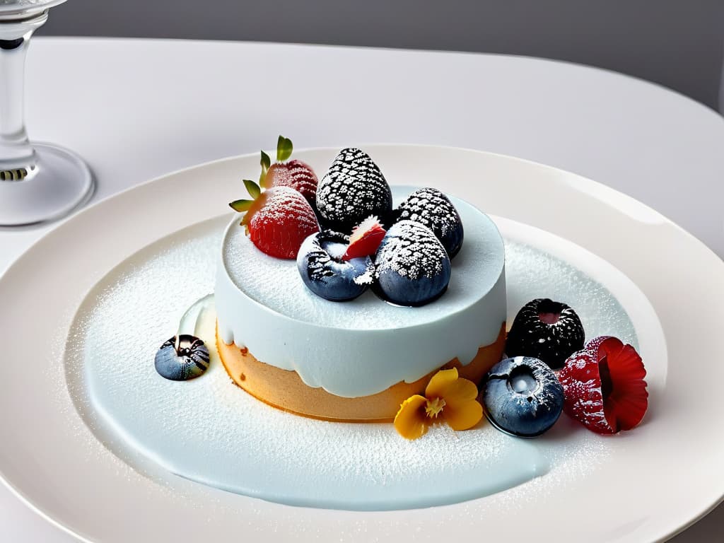  A closeup, ultradetailed image of a delicate, intricately crafted dessert with airy textures and foam toppings, elegantly presented on a minimalist white plate, showcasing the innovative use of sweet airs and foams in modern pastrymaking. The dessert is adorned with vibrant, fresh berries and edible flowers, exuding sophistication and creativity in the realm of sweet culinary creations. hyperrealistic, full body, detailed clothing, highly detailed, cinematic lighting, stunningly beautiful, intricate, sharp focus, f/1. 8, 85mm, (centered image composition), (professionally color graded), ((bright soft diffused light)), volumetric fog, trending on instagram, trending on tumblr, HDR 4K, 8K