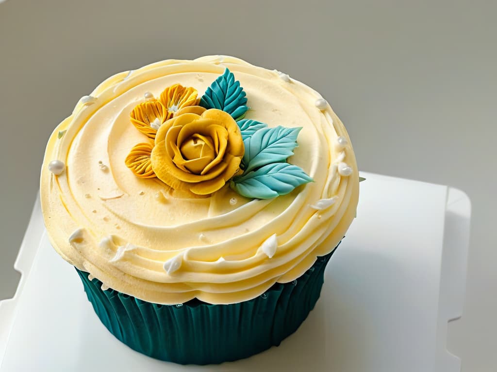  A closeup, ultradetailed image of a perfectly frosted cupcake with intricate swirls of pastelcolored buttercream, delicate edible flowers, and shimmering gold leaf accents, all set against a stark white background to emphasize the artistry and craftsmanship of the confection. hyperrealistic, full body, detailed clothing, highly detailed, cinematic lighting, stunningly beautiful, intricate, sharp focus, f/1. 8, 85mm, (centered image composition), (professionally color graded), ((bright soft diffused light)), volumetric fog, trending on instagram, trending on tumblr, HDR 4K, 8K